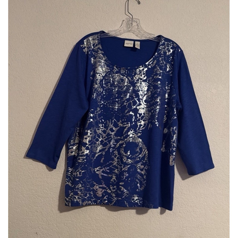 Zenergy By Chico's Women's Top T-shirt Blue 3/4 Sleeve Glitter Graphic Size 2 /L